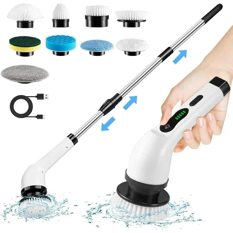 Cordless spin scrubber with telescopic rod, brush heads and USB cable