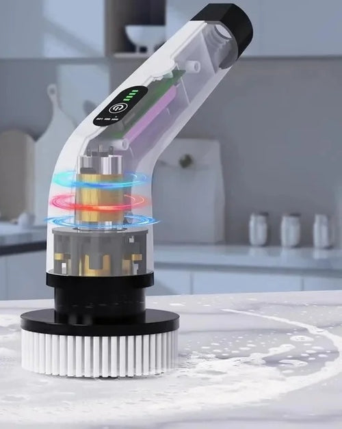 Spin scrubber brush spinning on a foamy countertop