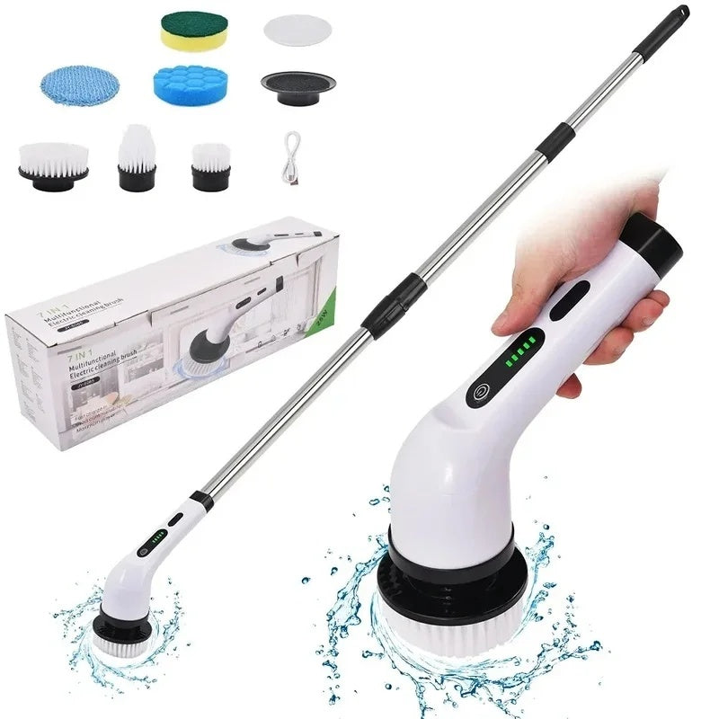 Spin scrubber with telescopic handle extended, shown with retail box